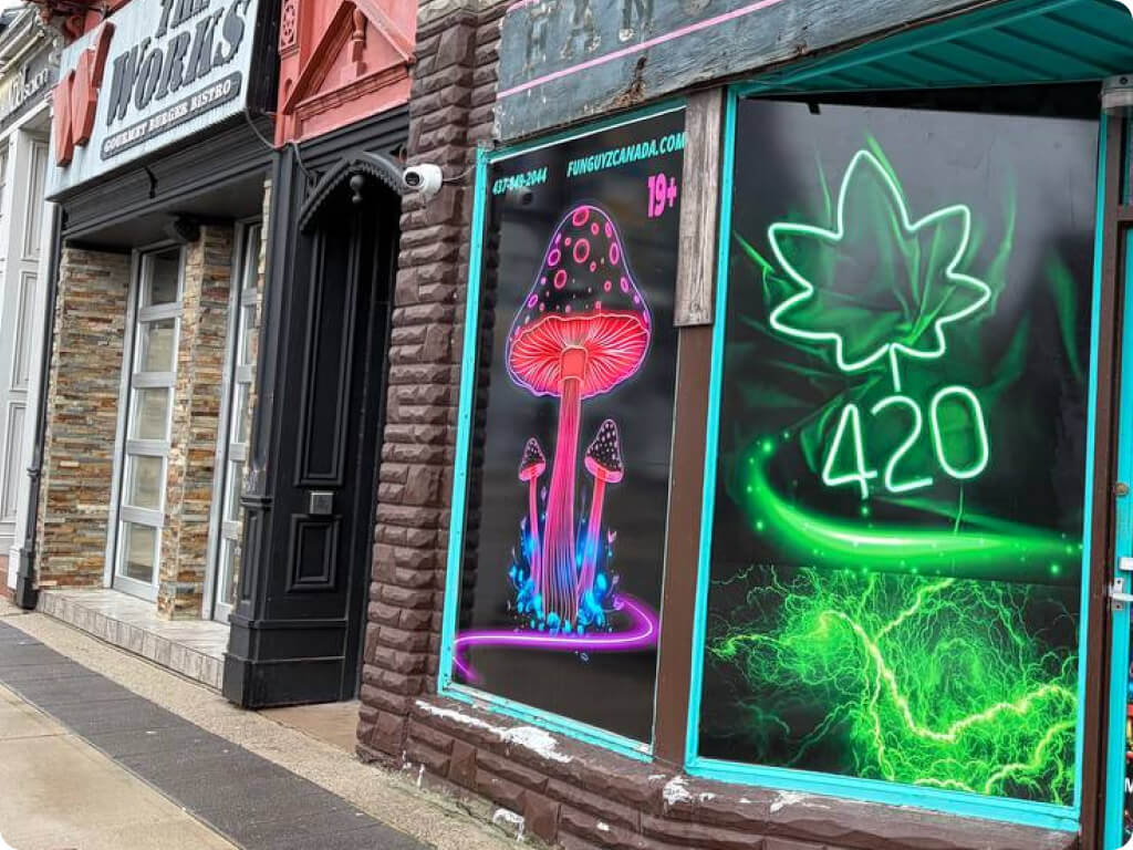 Best Value Weed storefront window with neon mushroom and cannabis leaf artwork